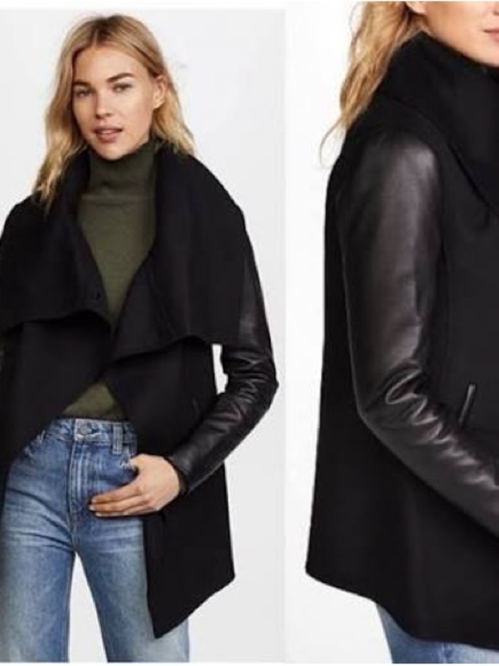 Mackage XS Vane Black Wool Coat w/ Leather Sleeves & Funnel collar Jacket